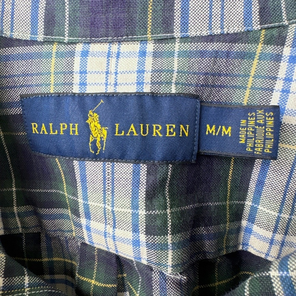 Ralph Lauren Button Down Shirt Mens Medium Navy Blue White Tartan Plaid Preppy - Picture 2 of 9